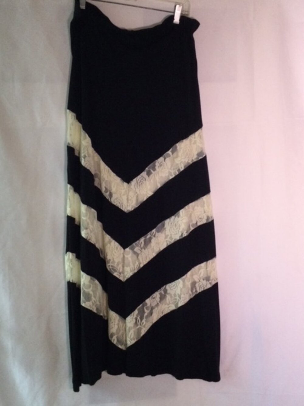 Black Maxi Skirt Chevron Lace Insets Rayon Blend Size S Made in USA
